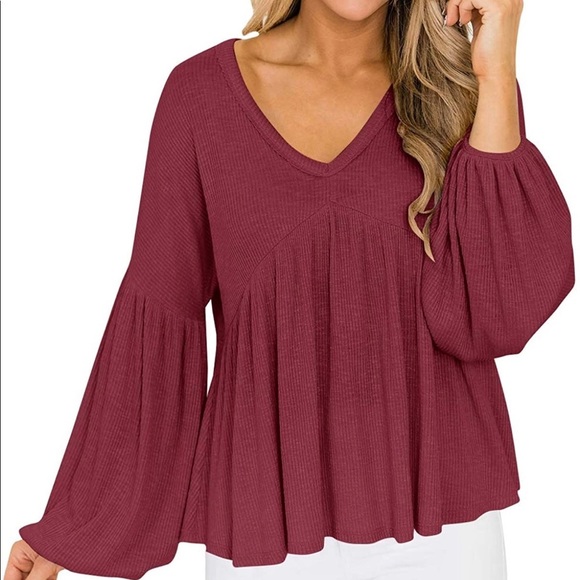 Clarisbelle Women V Neck Puff Sleeve Waffle Knit - Picture 1 of 7